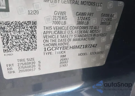 2021 Chevrolet Silverado 1500 4Wd Standard Bed Custom z USA, uszkodzony, nr VIN 1GCRYBEH8MZ187242